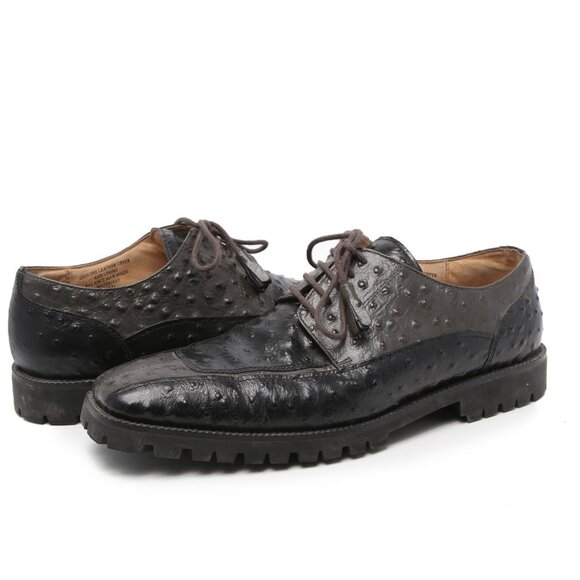 Gorgio Bruntini Ostrich Embossed Leather Oxford Shoes Dress Loafers Grey Black - Picture 2 of 10